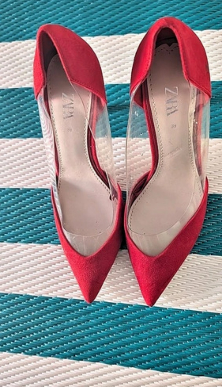 Zara Red Vinyl Clear Side Pointed Toe Pumps EU 39